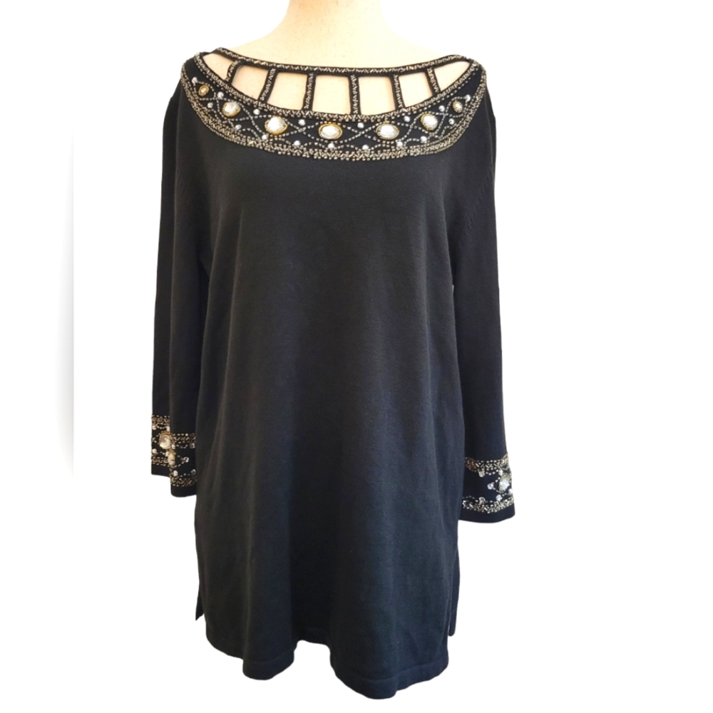 Vintage Bob Mackie Wearable Art Beaded Jeweled Cutout Tunic Sweater S